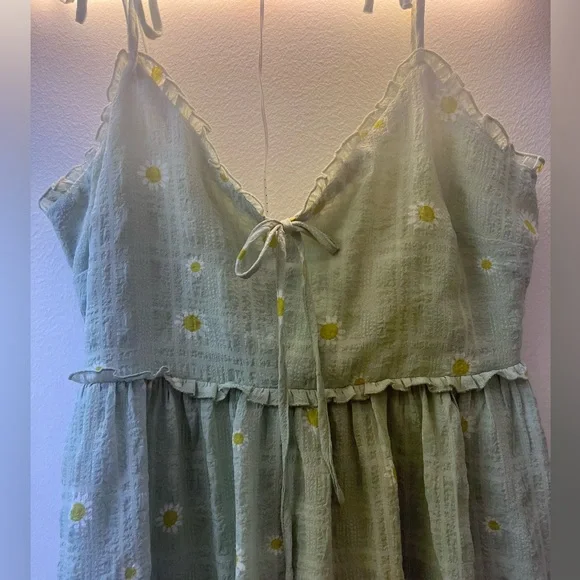 New Forever 21 Green Floral Tiered Daisy Sundress Mini V Neck Summer Cottagecore - Picture 3 of 10